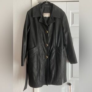 RARE VINTAGE Vera Pelle Italian Leather Knee Long Coat Jacket with gold accents